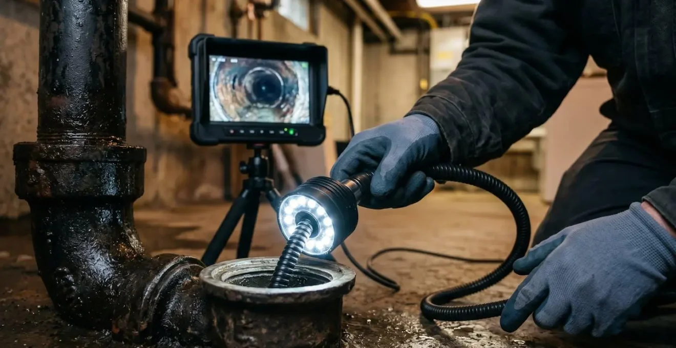 Caméra d'inspection de drain professionnelle HD avec câble flexible et LED éclairées, manipulée par technicien ganté, écran de contrôle en arrière-plan