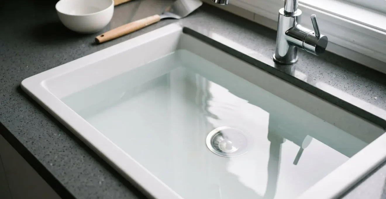 Évier de cuisine moderne avec eau stagnante immobile remplissant la cuve, reflétant la lumière naturelle d'une fenêtre