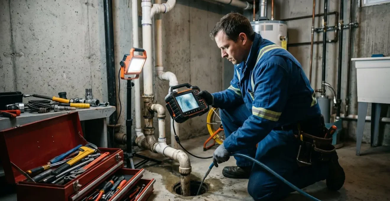 Plombier professionnel utilisant un équipement de débouchage moderne dans un sous-sol résidentiel avec tuyauterie apparente et outils spécialisés