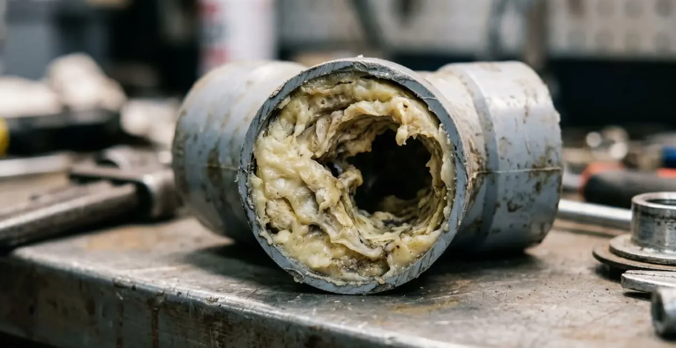 Section de tuyau de drain résidentiel ouverte montrant une accumulation épaisse de graisse solidifiée jaunâtre réduisant le diamètre intérieur